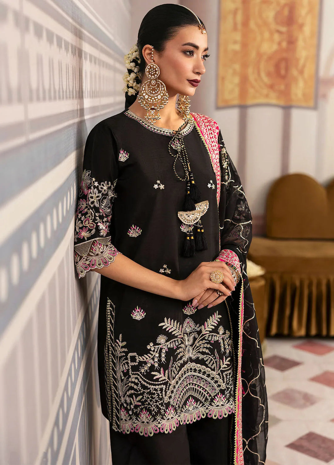 Sahane Embroidered Raw Silk Suits Unstitched 3 Piece SNE24TG TSG-01 Noir - Festive Collection