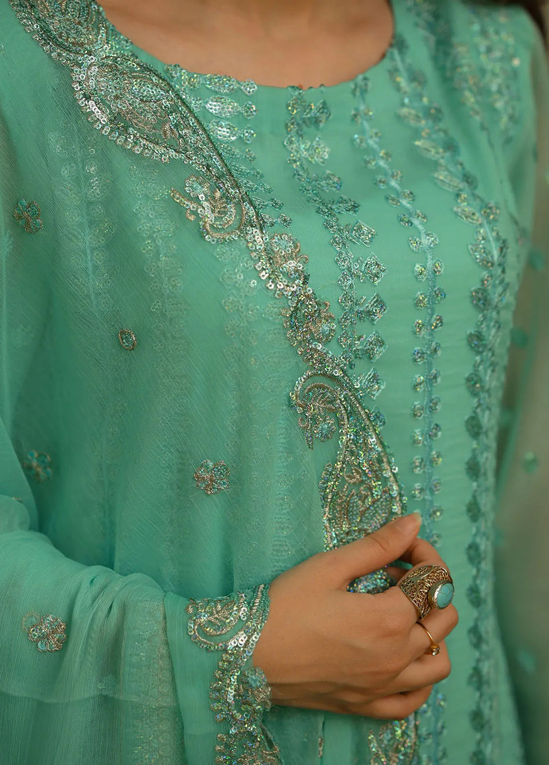 Sahane Pret Embroidered Chiffon 3 Piece Suit CT 12002-Azure Allure Skyblue