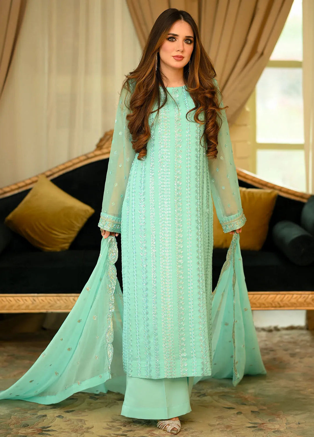 Sahane Pret Embroidered Chiffon 3 Piece Suit CT 12002-Azure Allure Skyblue