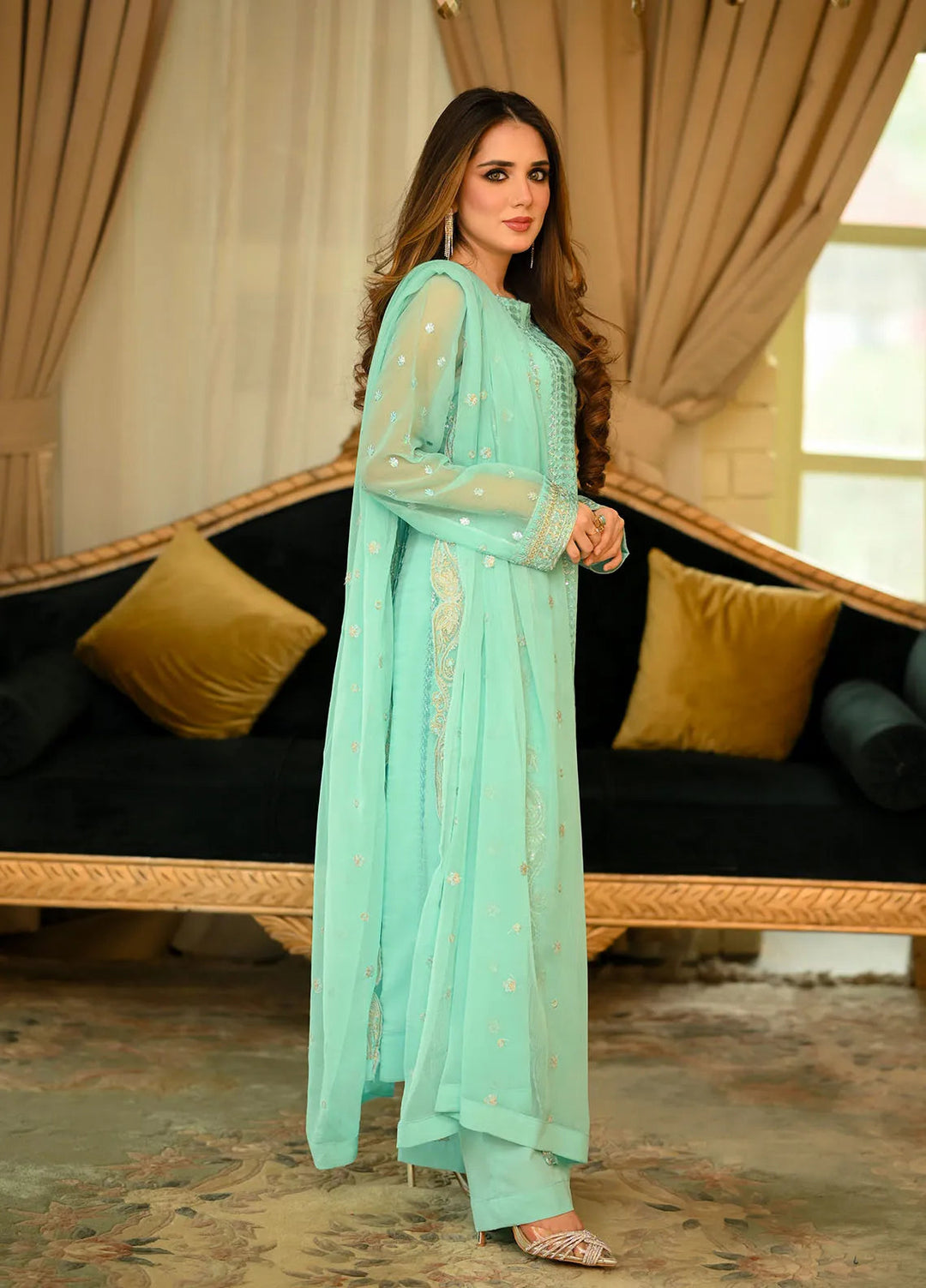 Sahane Pret Embroidered Chiffon 3 Piece Suit CT 12002-Azure Allure Skyblue