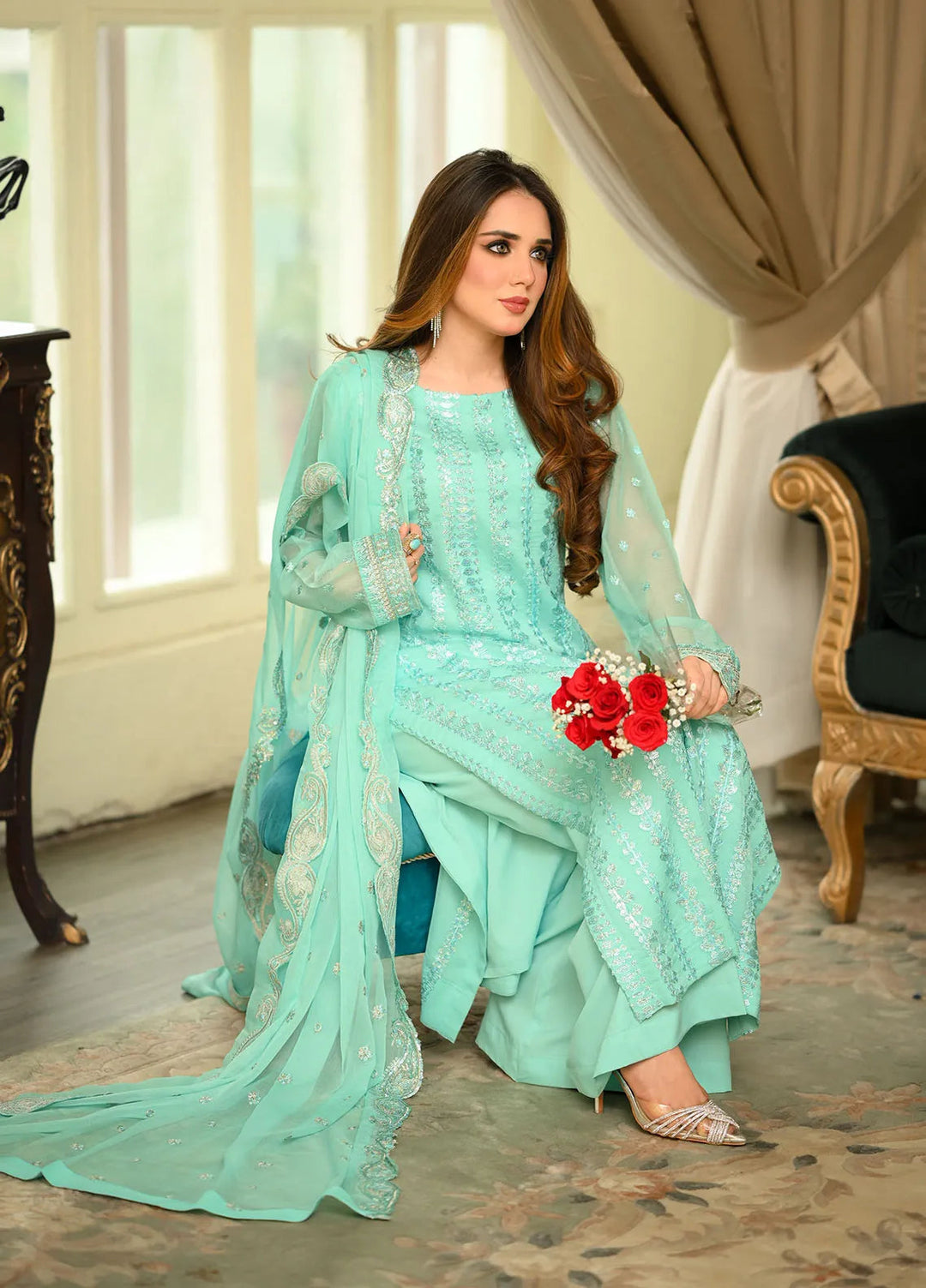 Sahane Pret Embroidered Chiffon 3 Piece Suit CT 12002-Azure Allure Skyblue