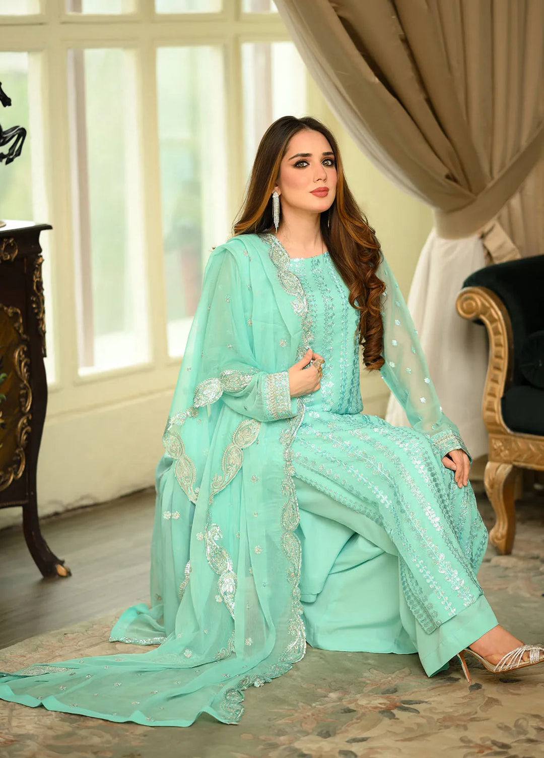 Sahane Pret Embroidered Chiffon 3 Piece Suit CT 12002-Azure Allure Skyblue