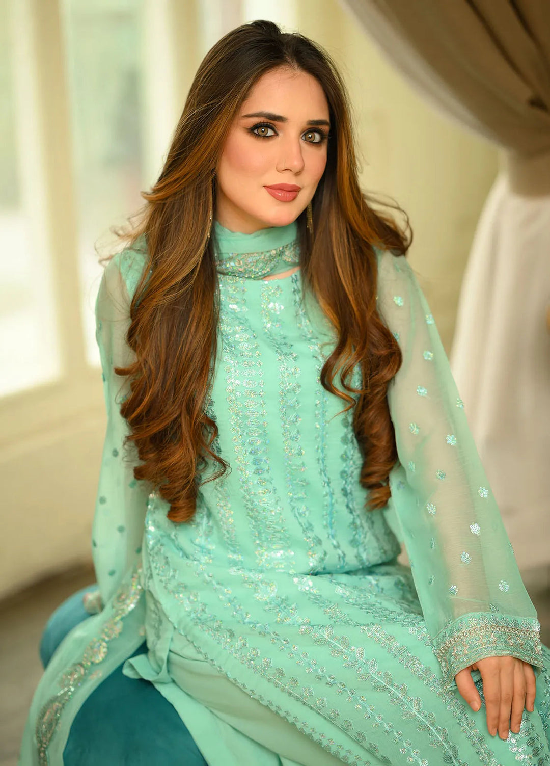 Sahane Pret Embroidered Chiffon 3 Piece Suit CT 12002-Azure Allure Skyblue