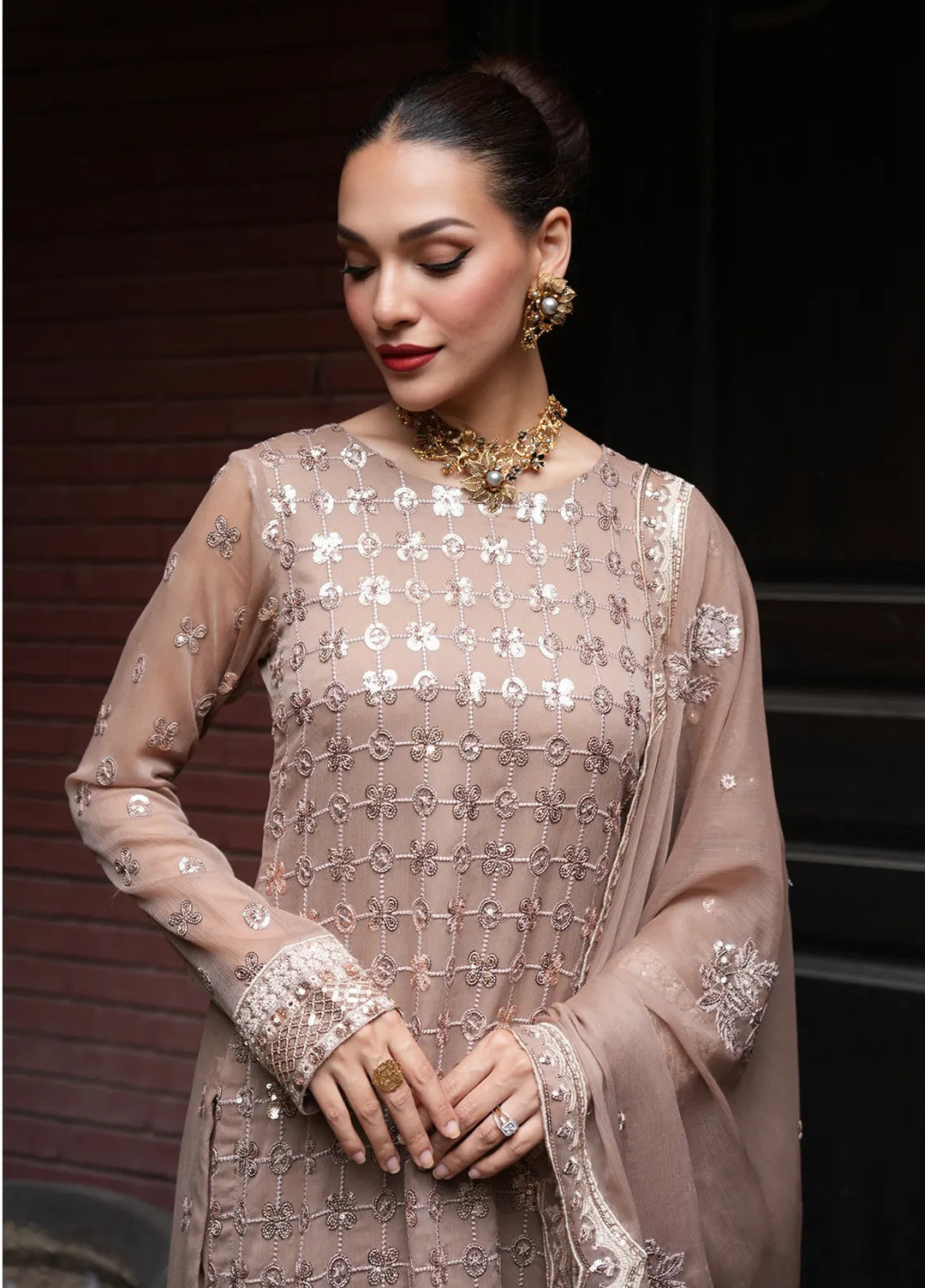 Sahane Pret Embroidered Chiffon 3 Piece Suit CT 12003-Nuance Brown