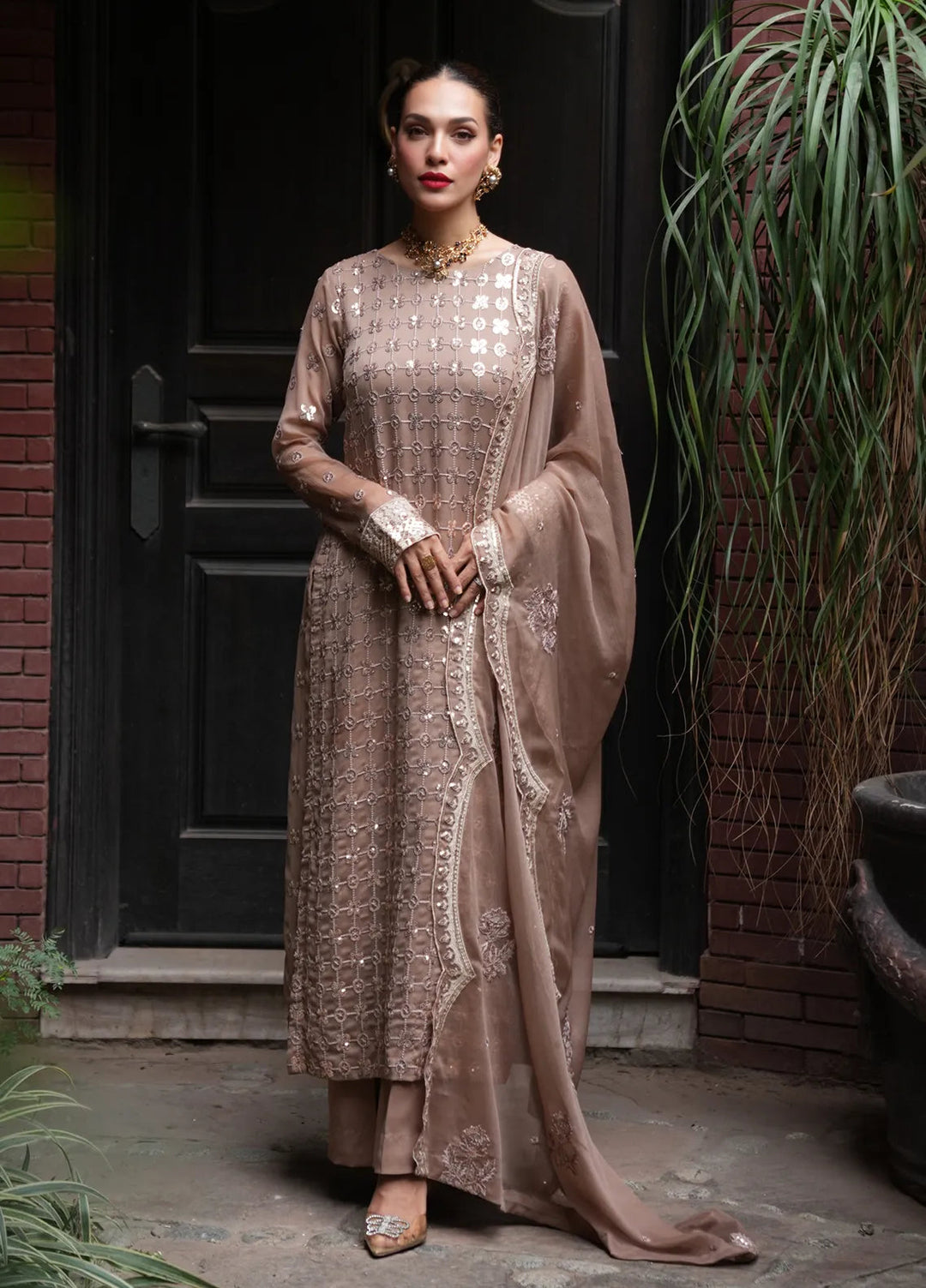 Sahane Pret Embroidered Chiffon 3 Piece Suit CT 12003-Nuance Brown