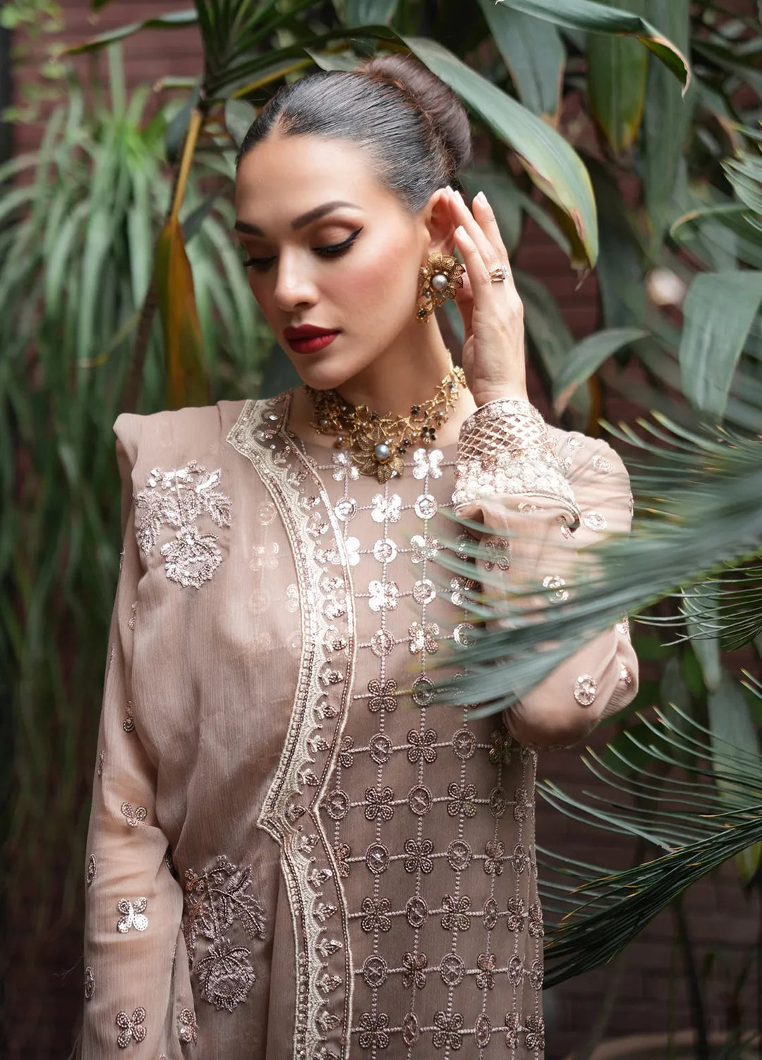 Sahane Pret Embroidered Chiffon 3 Piece Suit CT 12003-Nuance Brown