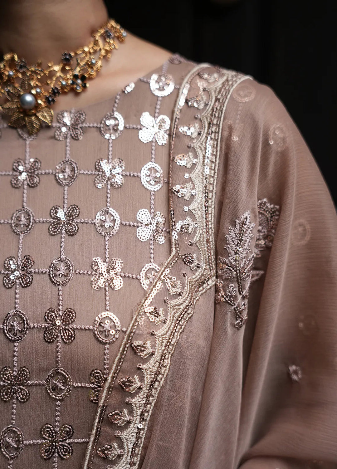 Sahane Pret Embroidered Chiffon 3 Piece Suit CT 12003-Nuance Brown