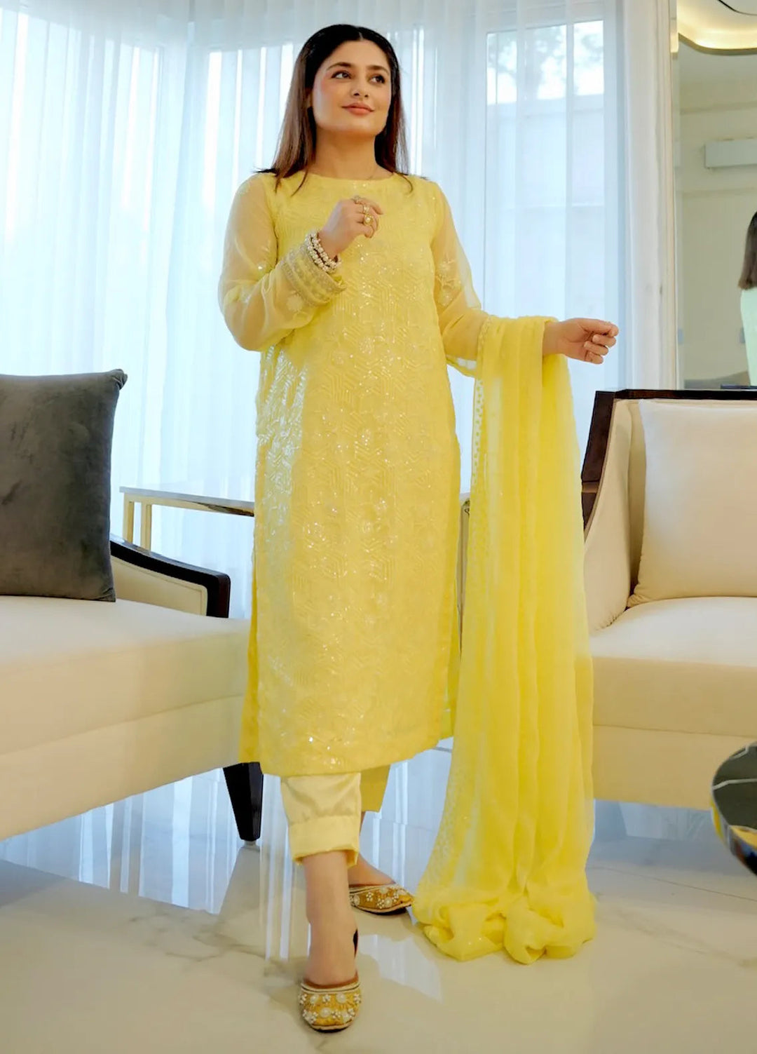 Sahane Pret Embroidered Chiffon 3 Piece Suit CT 12005-Golden Glow Yellow