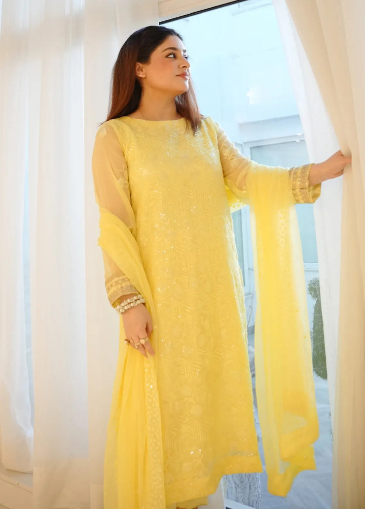 Sahane Pret Embroidered Chiffon 3 Piece Suit CT 12005-Golden Glow Yellow