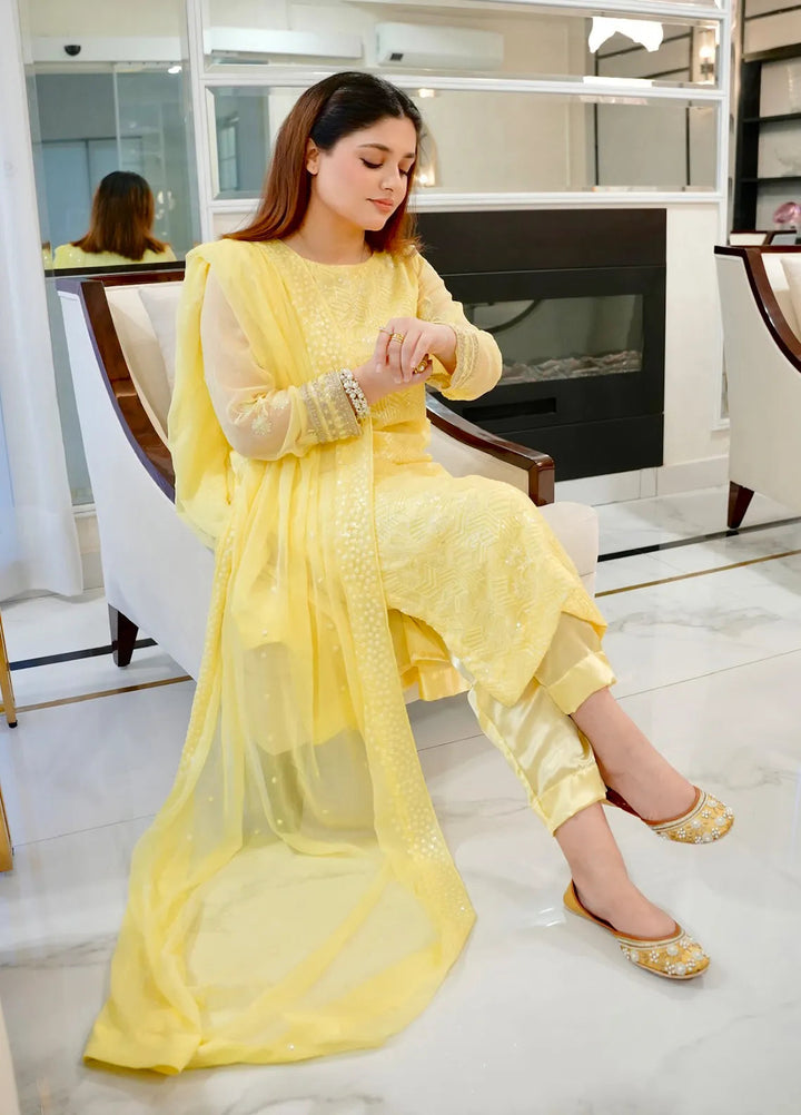 Sahane Pret Embroidered Chiffon 3 Piece Suit CT 12005-Golden Glow Yellow