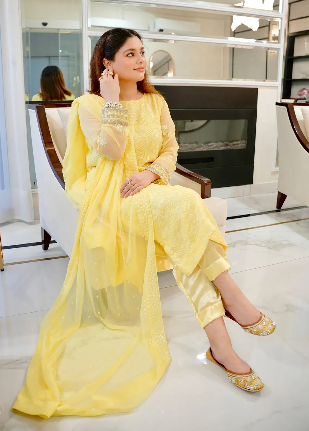 Sahane Pret Embroidered Chiffon 3 Piece Suit CT 12005-Golden Glow Yellow