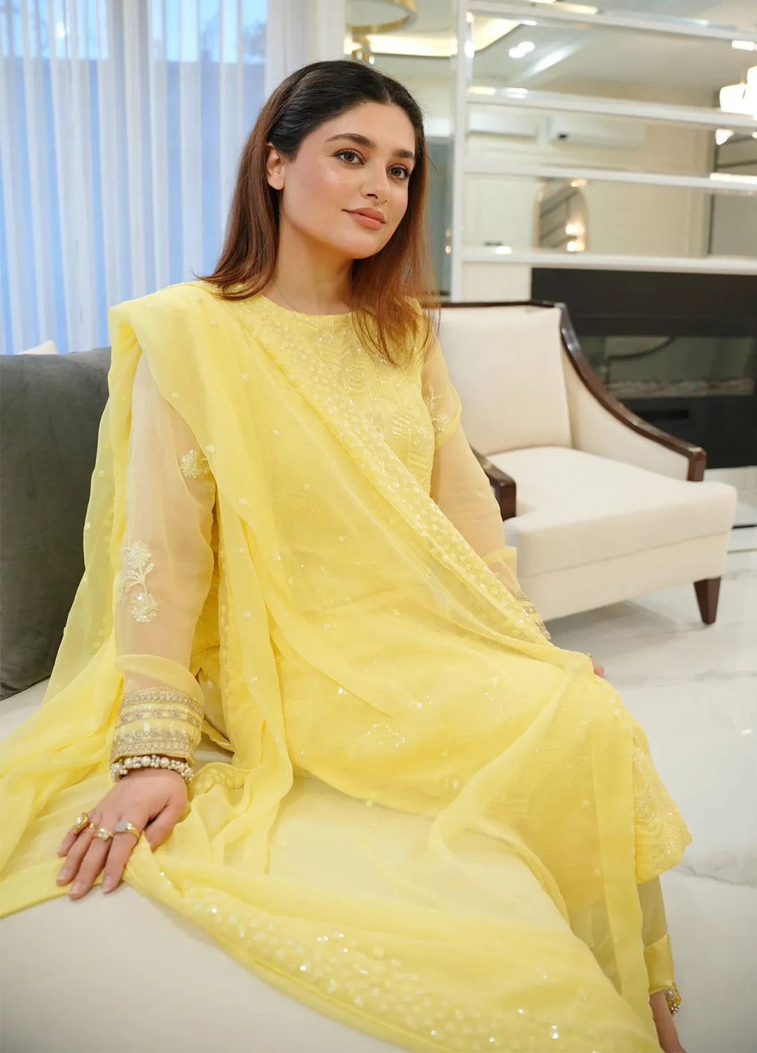Sahane Pret Embroidered Chiffon 3 Piece Suit CT 12005-Golden Glow Yellow
