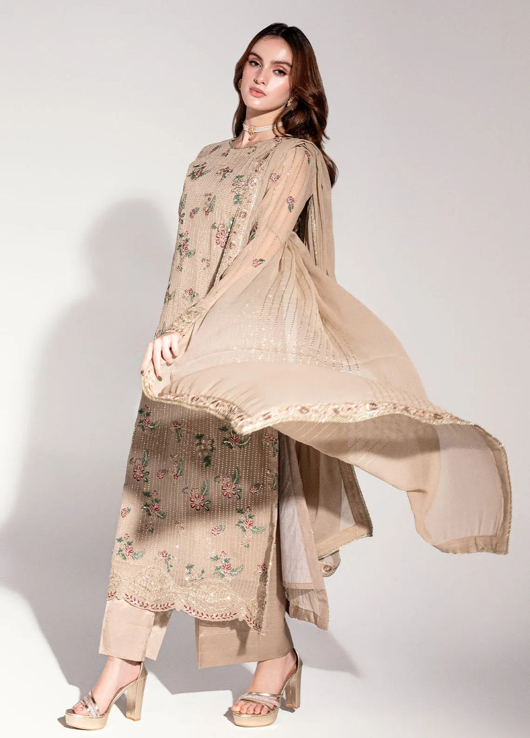Sahane Pret Embroidered Chiffon 3 Piece Suit ME-01 Sable