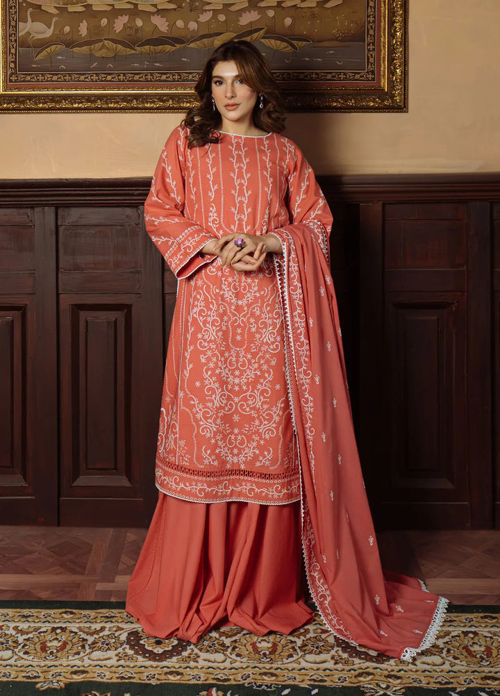 Sahar Embroidered Chikankari Suit Unstitched 3 Piece CK-25-V1-02 Gilded Coral - Festive Collection