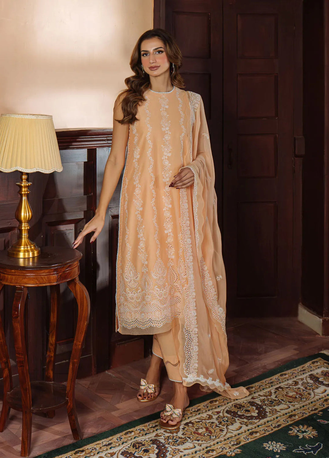 Sahar Embroidered Chikankari Suit Unstitched 3 Piece CK-25-V1-04 Apricot Glow - Festive Collection