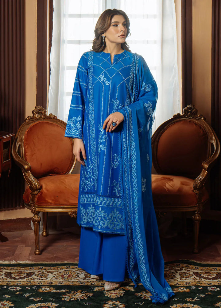 Sahar Embroidered Chikankari Suit Unstitched 3 Piece CK-25-V1-06 Moroccan Blue - Festive Collection