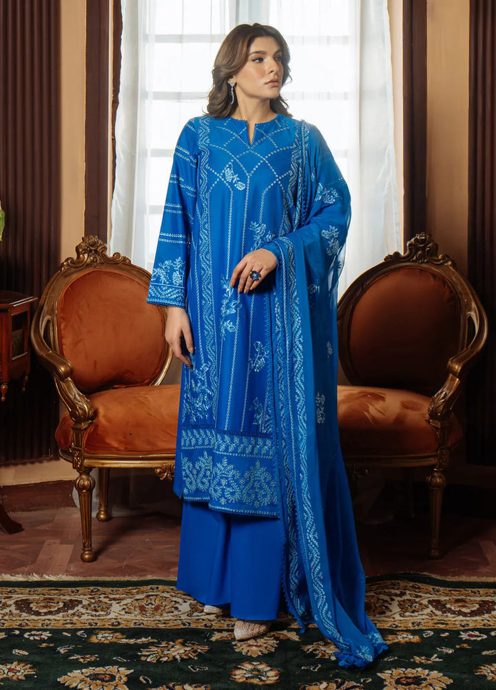 Sahar Embroidered Chikankari Suit Unstitched 3 Piece CK-25-V1-06 Moroccan Blue - Festive Collection