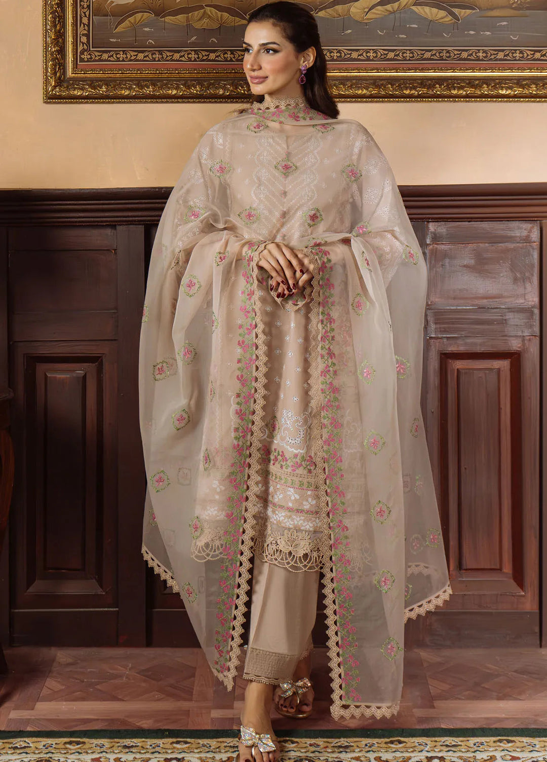 Sahar Embroidered Chikankari Suit Unstitched 3 Piece CK-25-V1-10 Bronzed Beige - Festive Collection