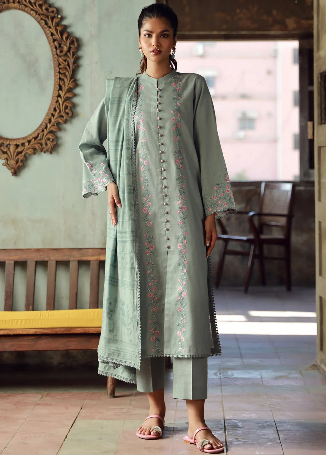 Sahar Embroidered Cross Hatch Suit Unstitched 3 Piece SHR24 CH-E-V1-24-01 Ivory Tides - Winter Collection