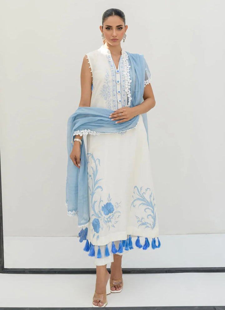 Sahar Kashif Pret Embroidered Korean raw silk 3 Piece Suit Blue Serenity