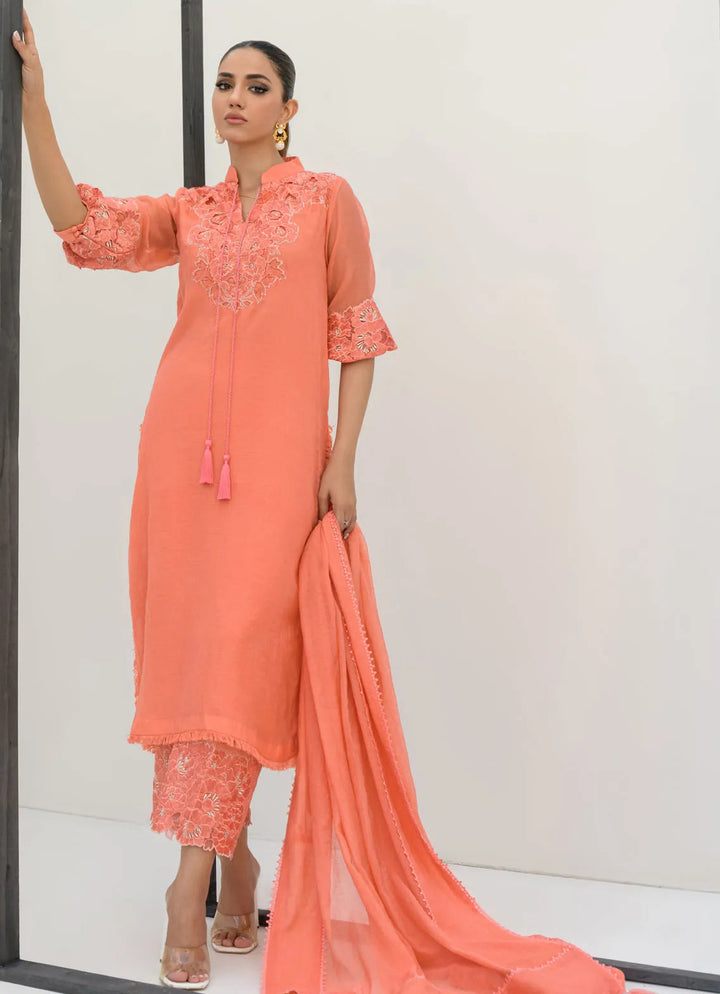 Sahar Kashif Pret Embroidered Silk 3 Piece Suit Peach Radiant