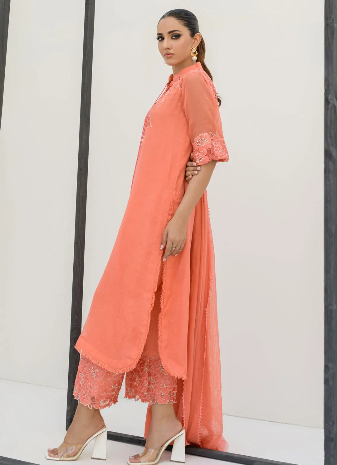 Sahar Kashif Pret Embroidered Silk 3 Piece Suit Peach Radiant