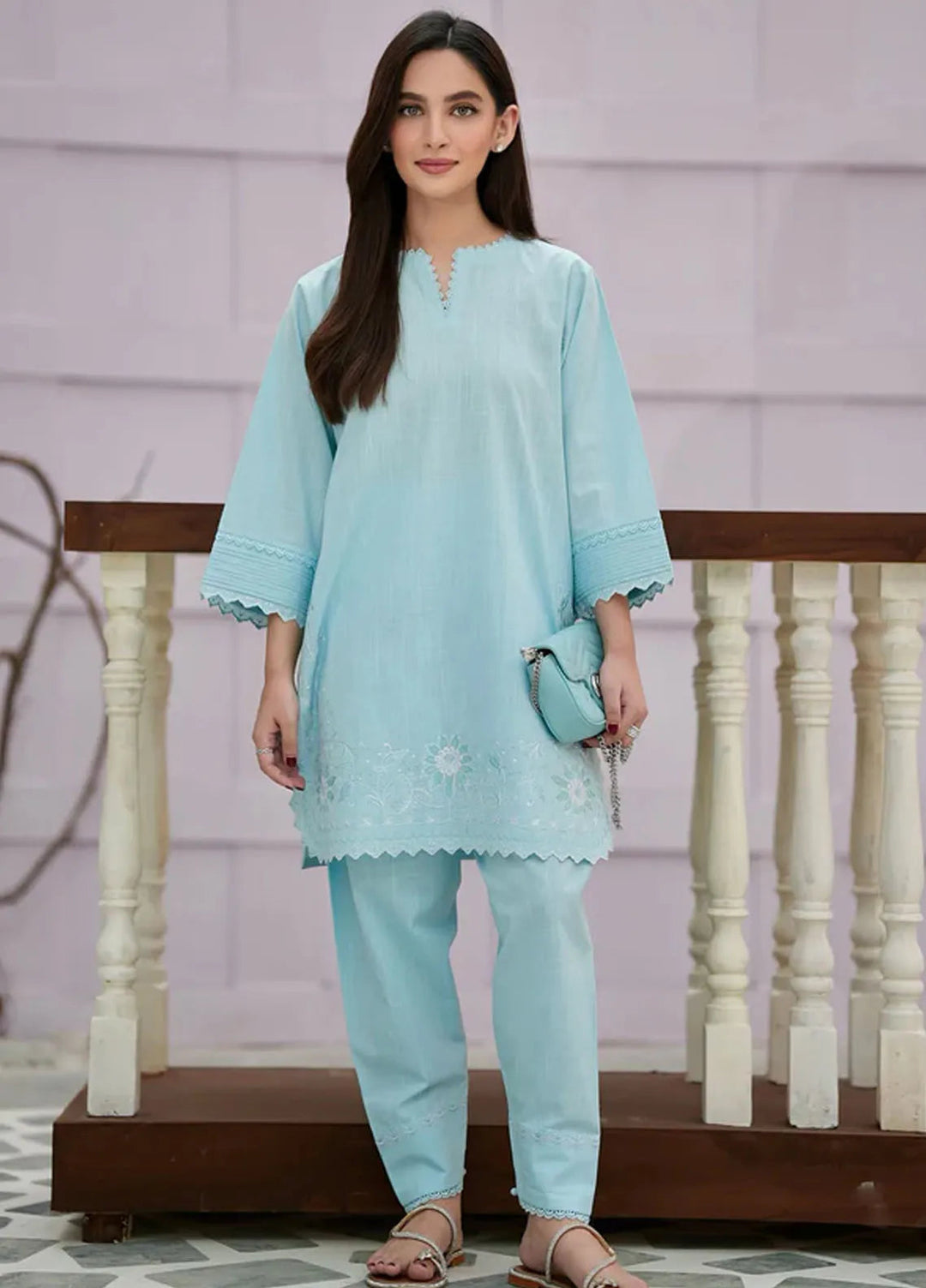 Sahar Pret Embroidered Cross Slub 2 Piece Suit AWCH-24-RK-V1-01 Sky Garden