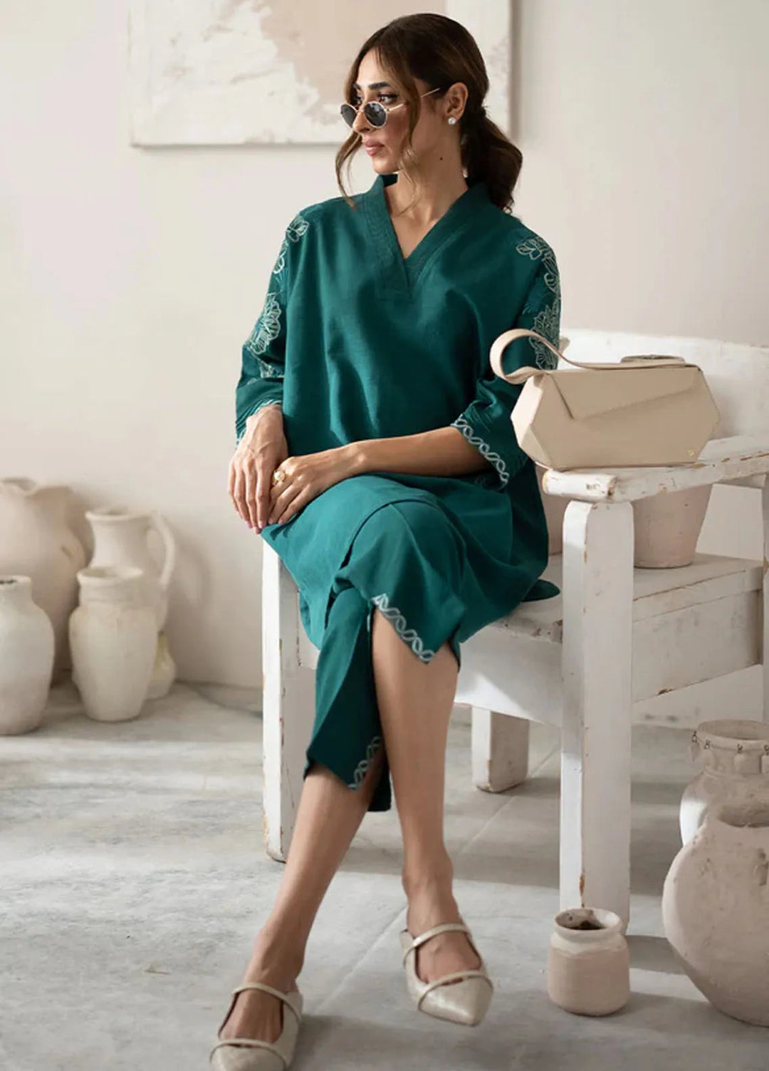 Sahar Pret Embroidered Slub Khaddar 2 Piece Suit AWEK-ZB-V1-01 Teal Ivy
