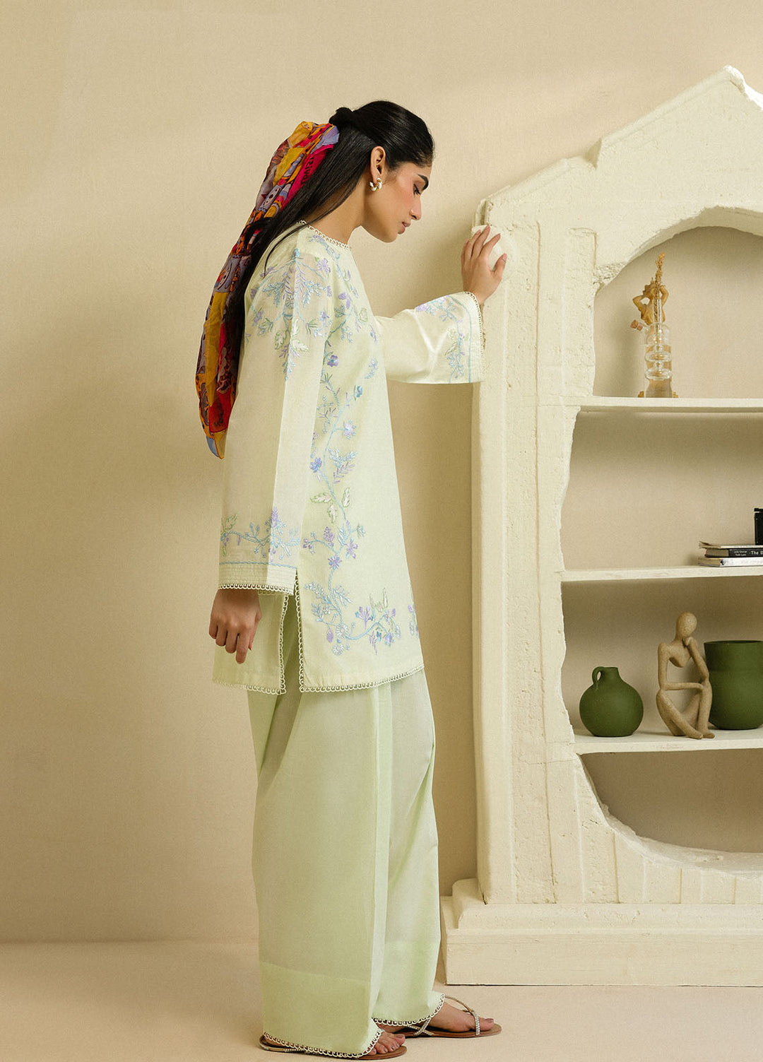 Sahar Pret Embroidered Cambric 2 Piece Suit Green Tea Blossom