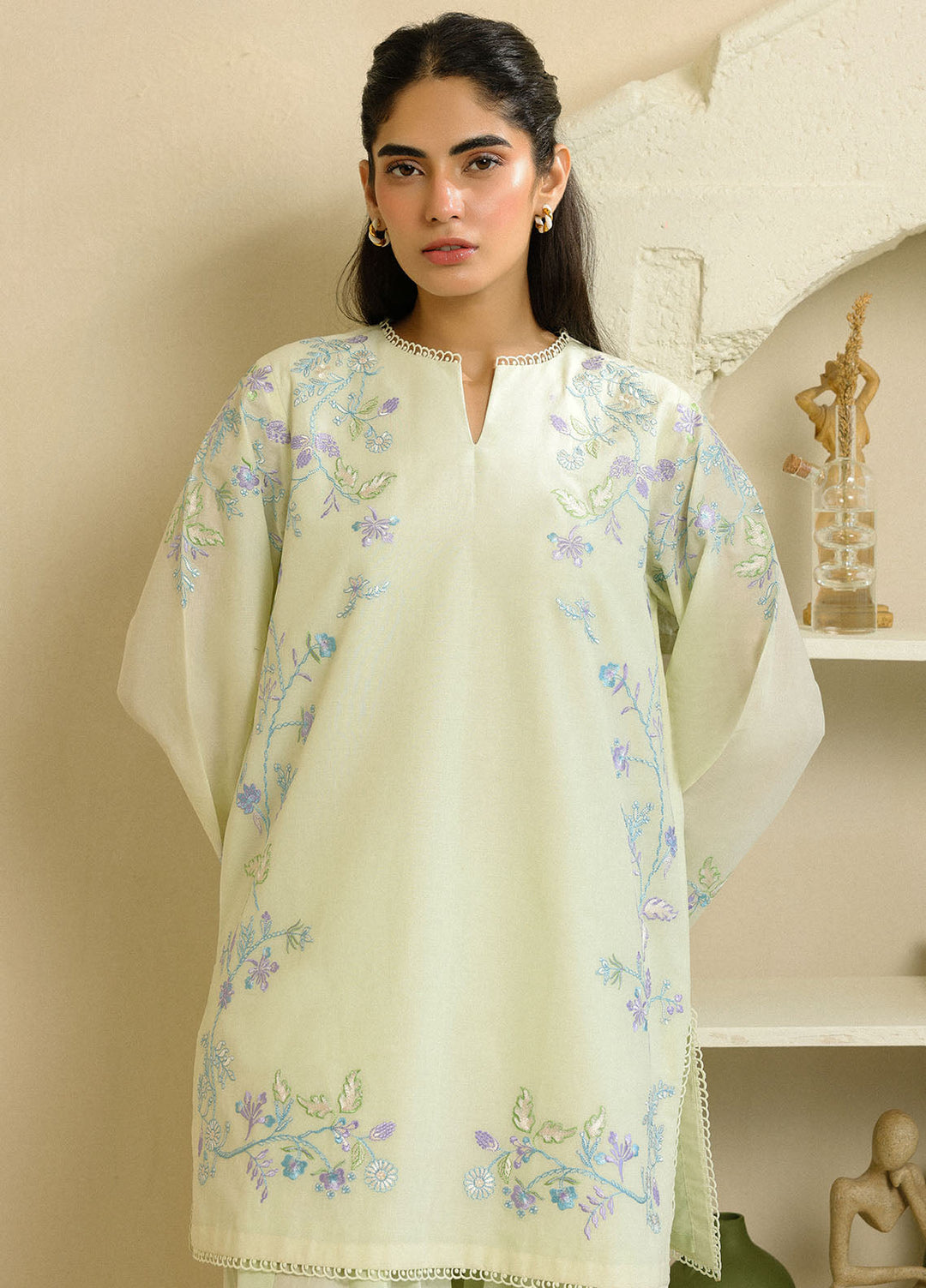 Sahar Pret Embroidered Cambric 2 Piece Suit Green Tea Blossom