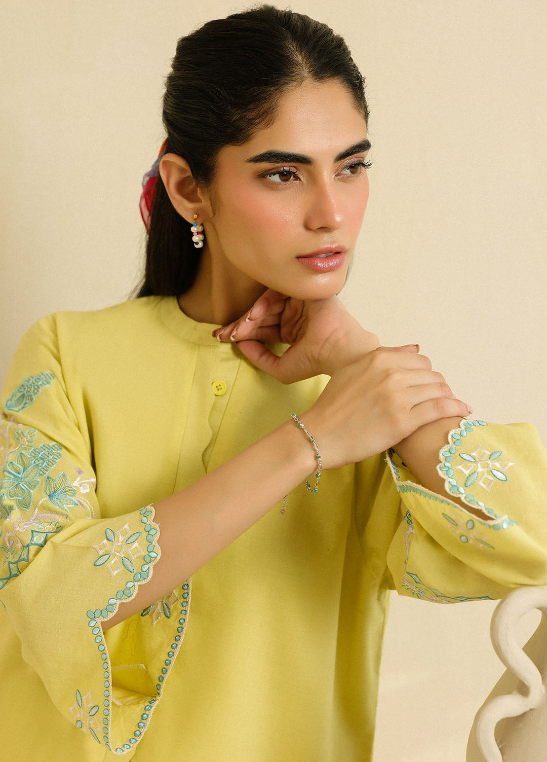 Sahar Pret Embroidered Cambric 2 Piece Suit Lemon Lily