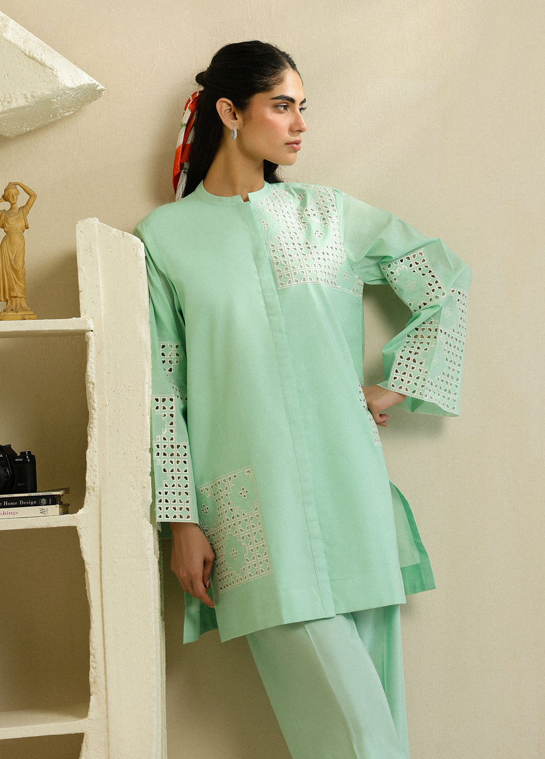 Sahar Pret Embroidered Cambric 2 Piece Suit Mint Pearl