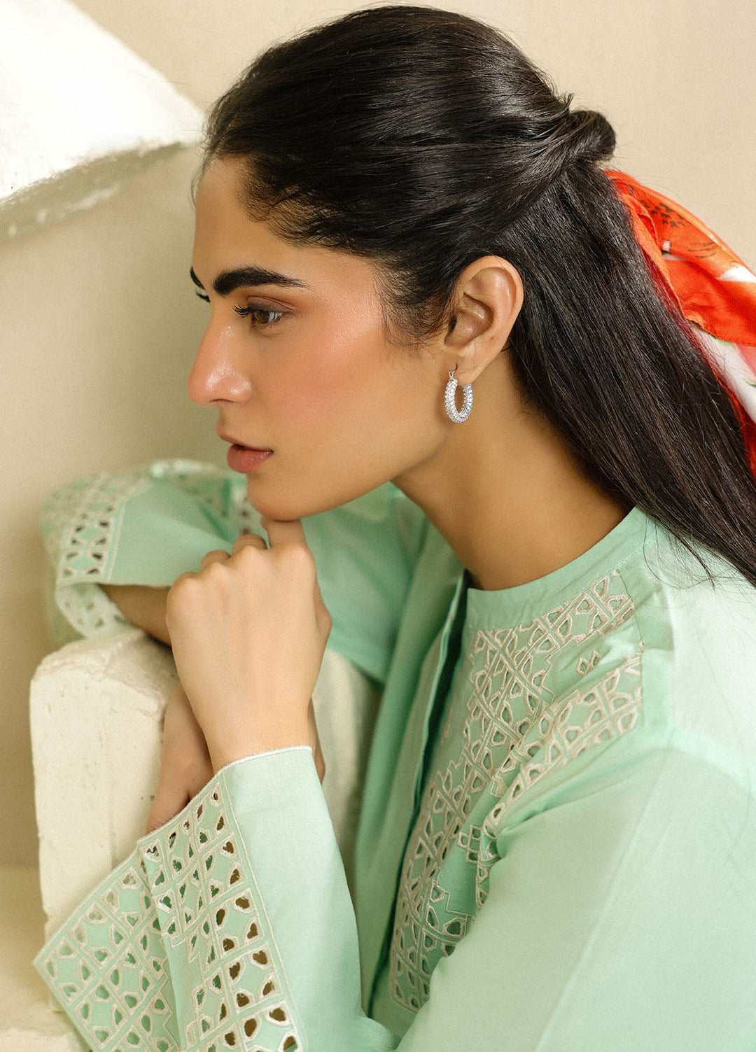 Sahar Pret Embroidered Cambric 2 Piece Suit Mint Pearl