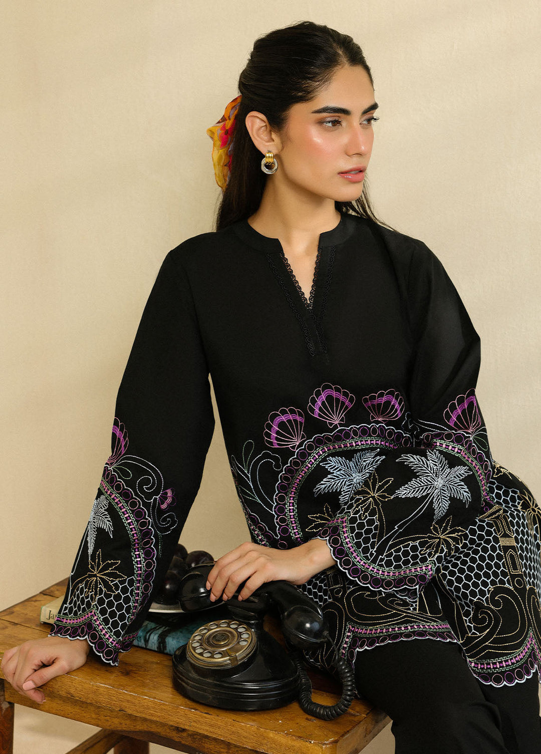 Sahar Pret Embroidered Cambric 2 Piece Suit Noir Shore