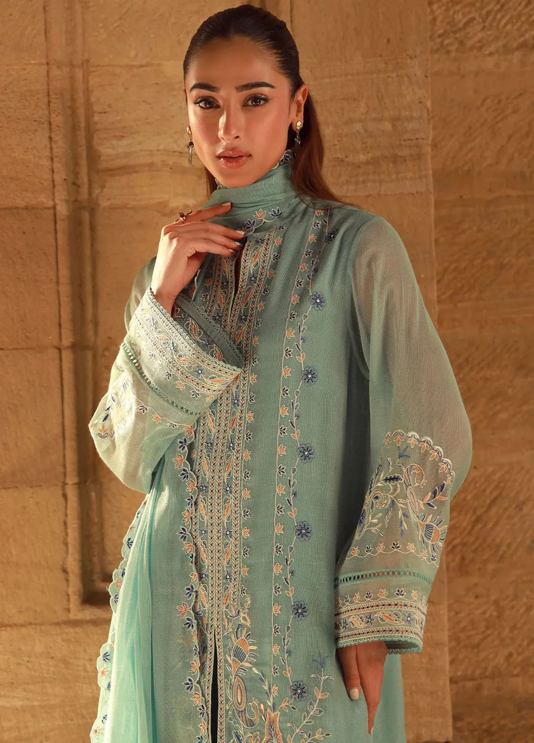 Sahar Pret Embroidered Cotton Net 3 Piece Suit SSSF-RR-09 Persian Turquoise