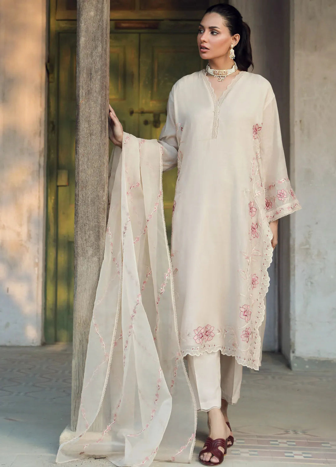 Sahar Pret Embroidered Silk 3 Piece Suit SSCSE-RR-04 Beige Bloom