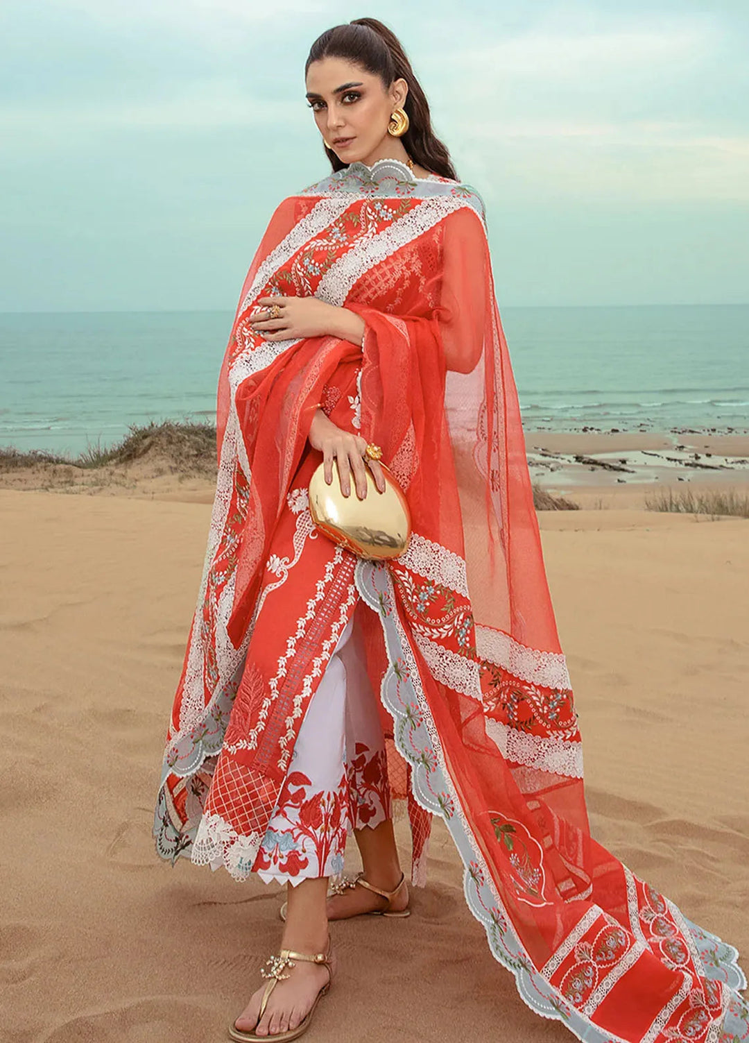 Saira Shakira Embroidered Lawn Suits Unstitched 3 Piece SSR24C Stars of Fire-Fiesta Coral - Summer Collection