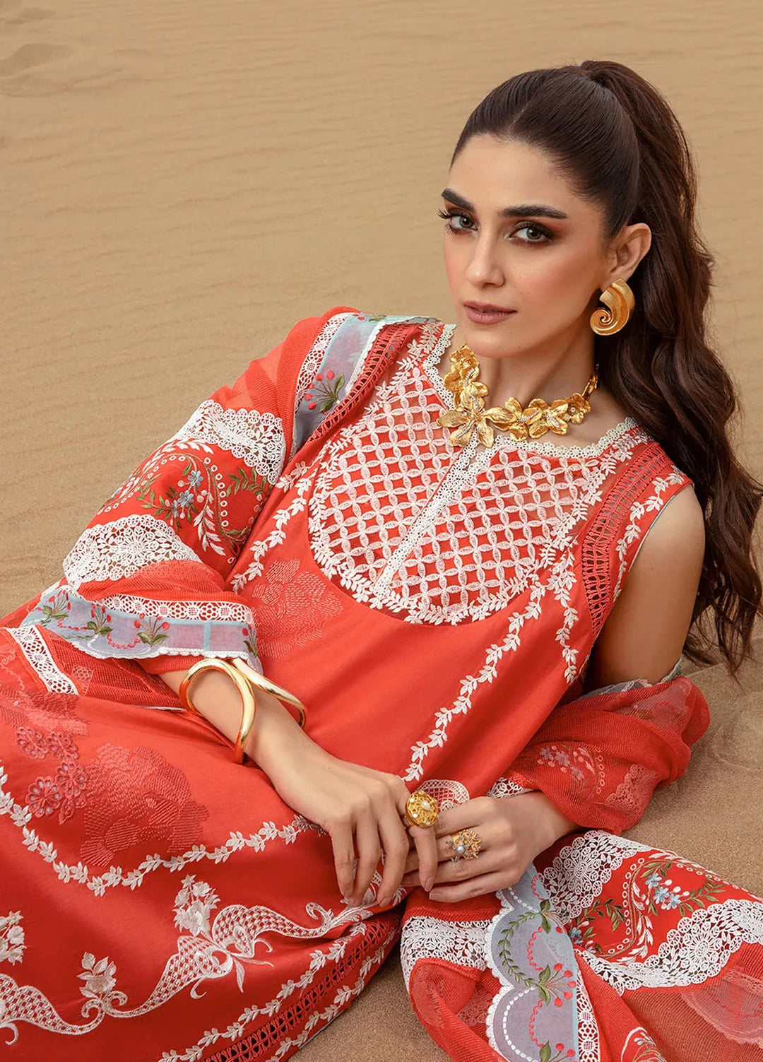 Saira Shakira Embroidered Lawn Suits Unstitched 3 Piece SSR24C Stars of Fire-Fiesta Coral - Summer Collection