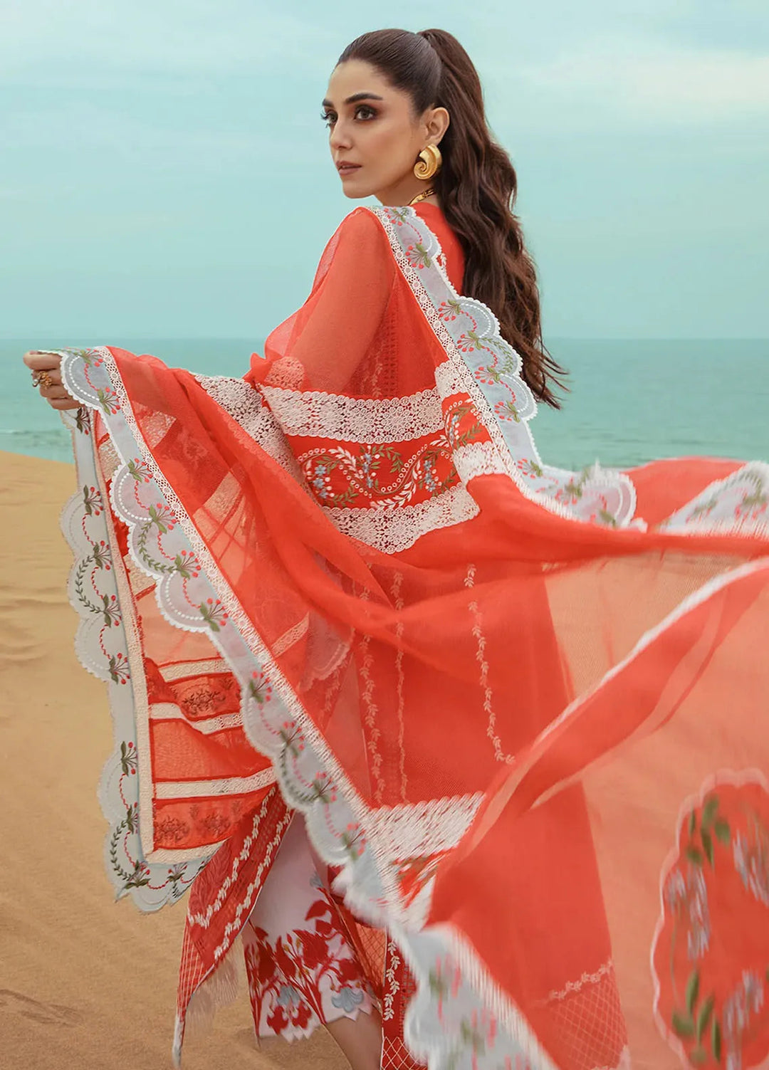 Saira Shakira Embroidered Lawn Suits Unstitched 3 Piece SSR24C Stars of Fire-Fiesta Coral - Summer Collection