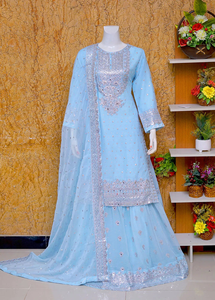 Saira Sultana Pret Embroidered Chiffon 3 Piece Suit Aleena Ice Blue