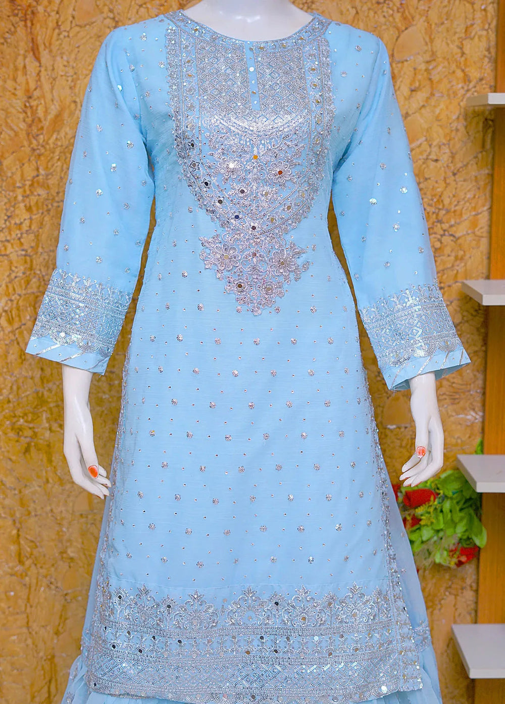 Saira Sultana Pret Embroidered Chiffon 3 Piece Suit Aleena Ice Blue