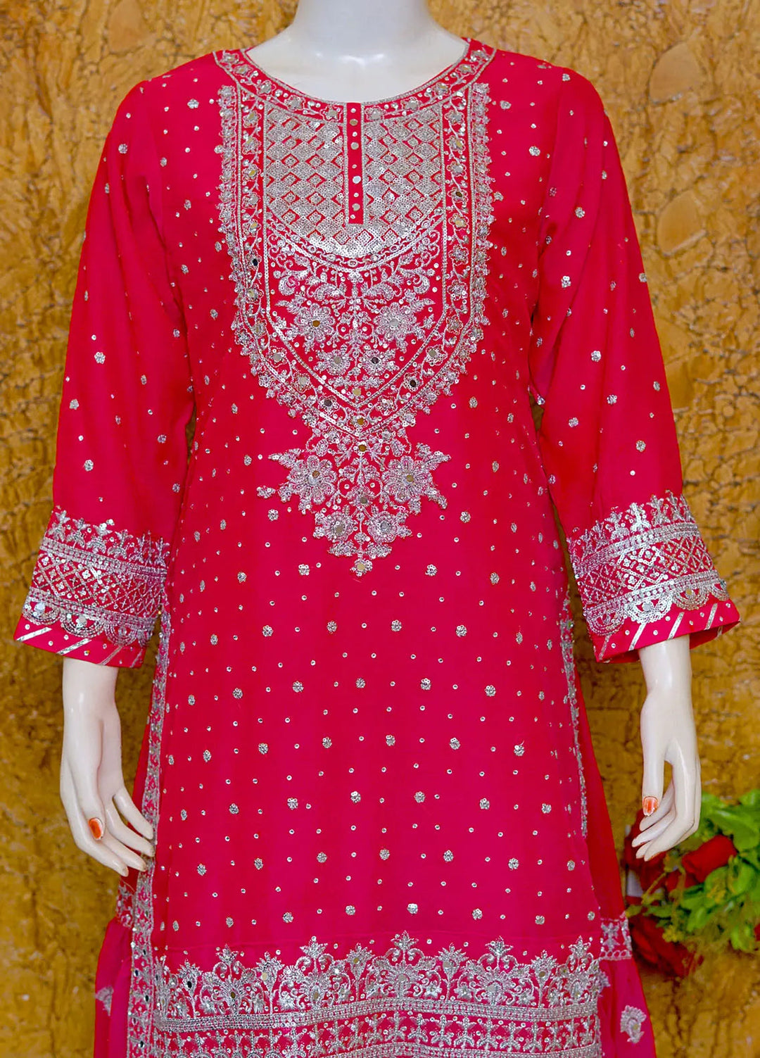 Saira Sultana Pret Embroidered Chiffon 3 Piece Suit Aleena Shocking Pink