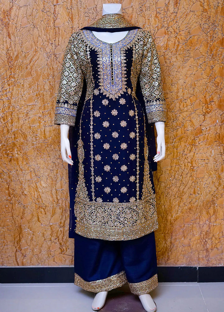 Saira Sultana Pret Embroidered Chiffon 3 Piece Suit Areesh Navy Blue