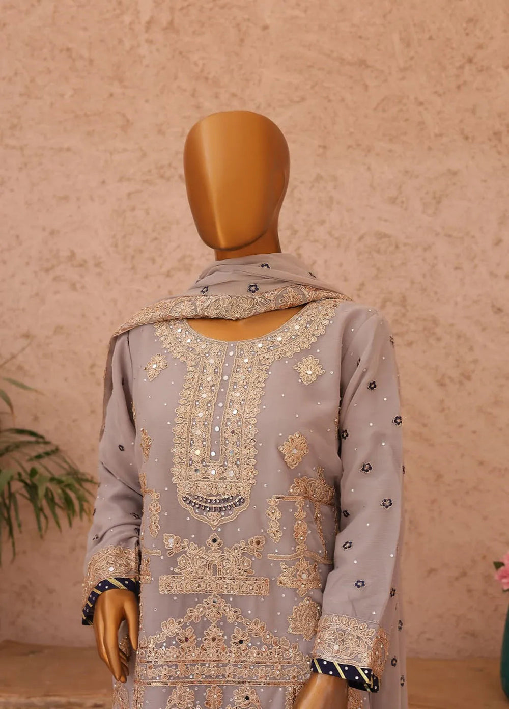 Saira Sultana Pret Embroidered Chiffon 3 Piece Suit Maah Paara Pastel Grey