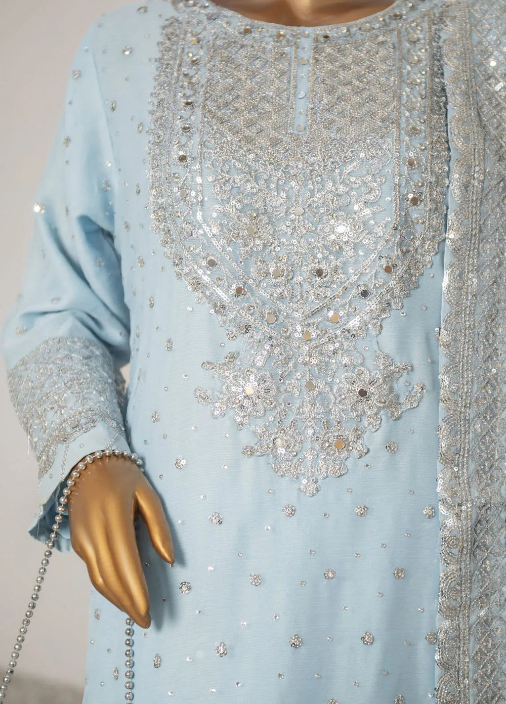Saira Sultana Pret Embroidered Chiffon 3 Piece Suit Mah-Jabeen Ice Blue