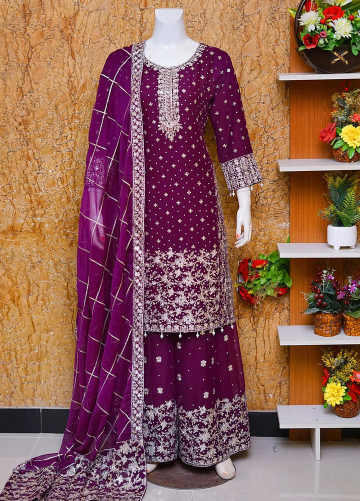 Saira Sultana Pret Embroidered Chiffon 3 Piece Suit Mahrosh Plum