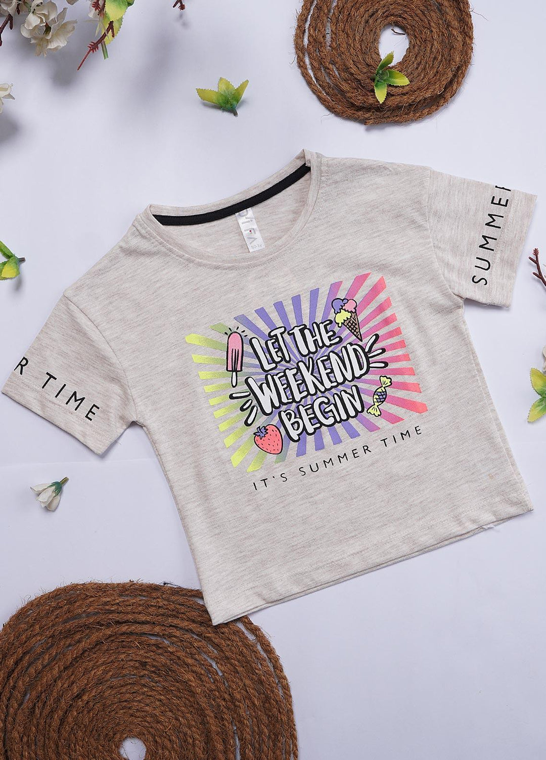 Sanaulla Exclusive Range Cotton Casual T-Shirts for Girls - 12202 Light Grey