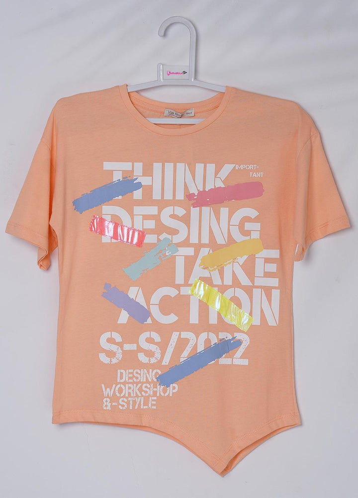 Sanaulla Exclusive Range Cotton Casual T-Shirts for Girls - 6139 Peach