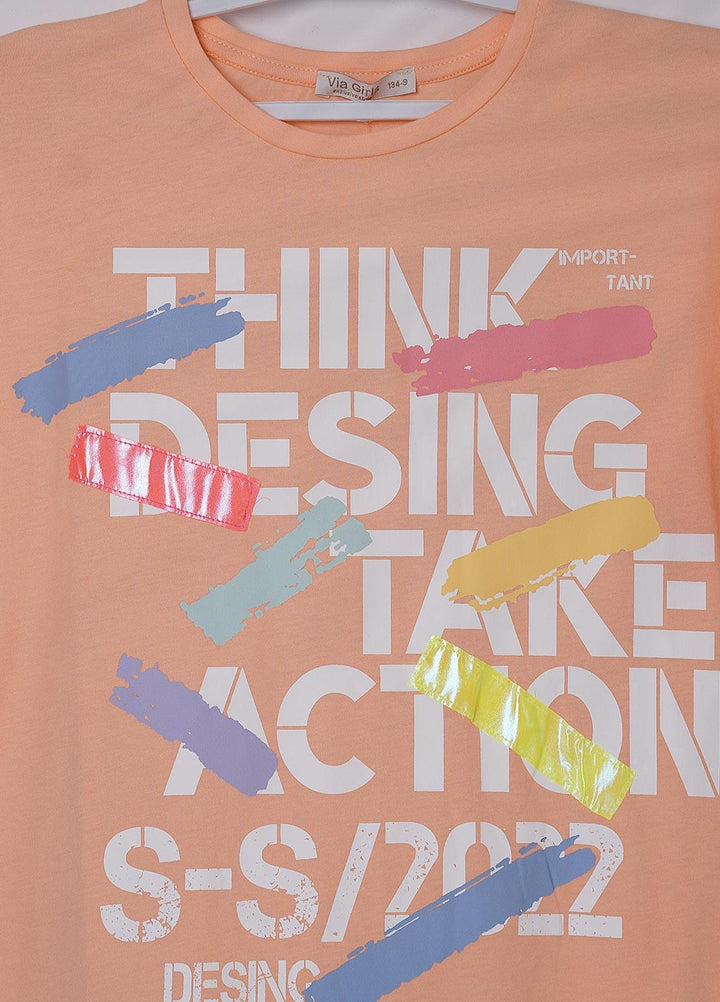 Sanaulla Exclusive Range Cotton Casual T-Shirts for Girls - 6139 Peach