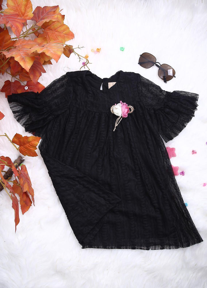 Sanaulla Exclusive Range Net Casual Girls Frocks -  112508 Black